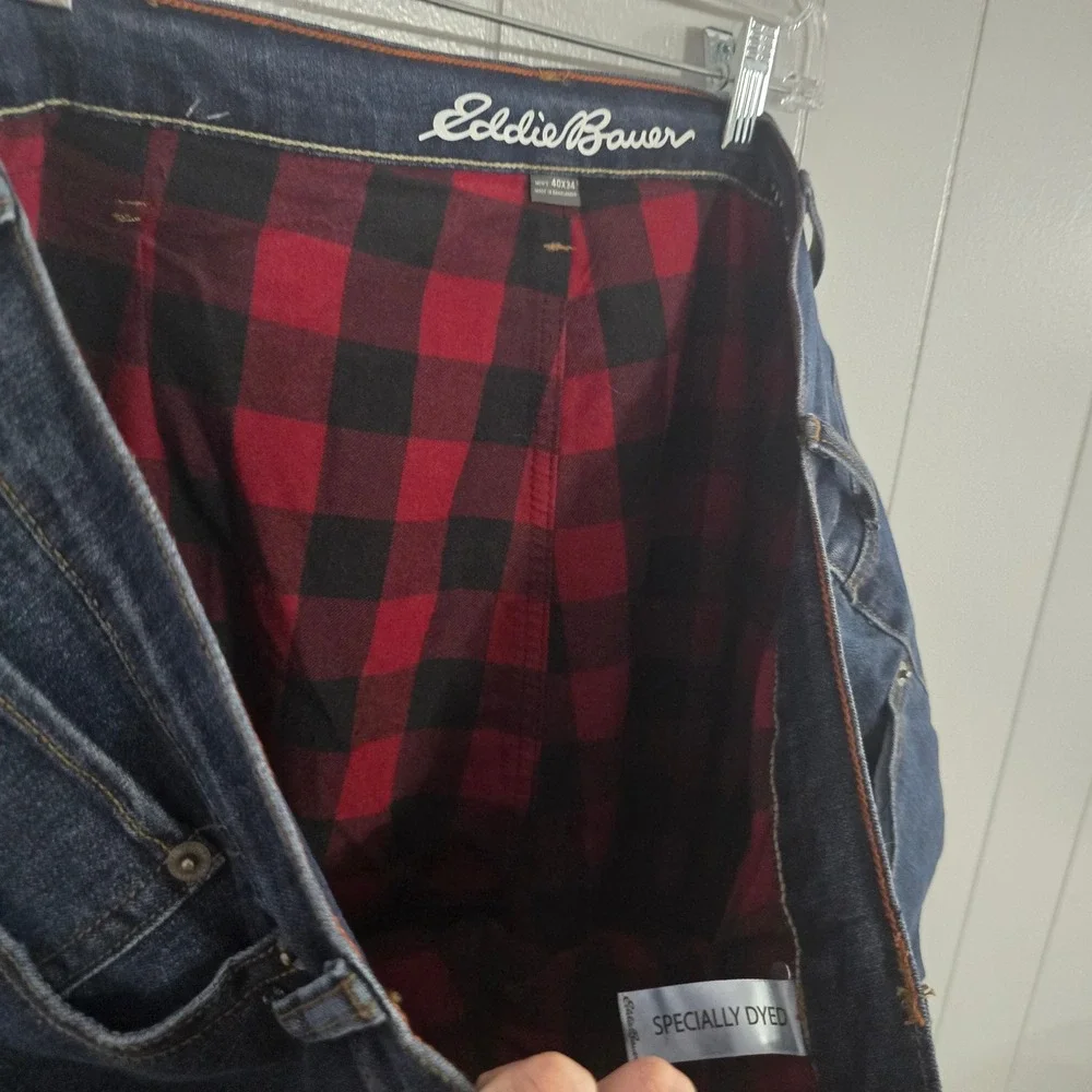 Eddie Bauer Men's 40x34 Flannel Lined Straight Fit Jeans Blue Buffalo Plaid Warm